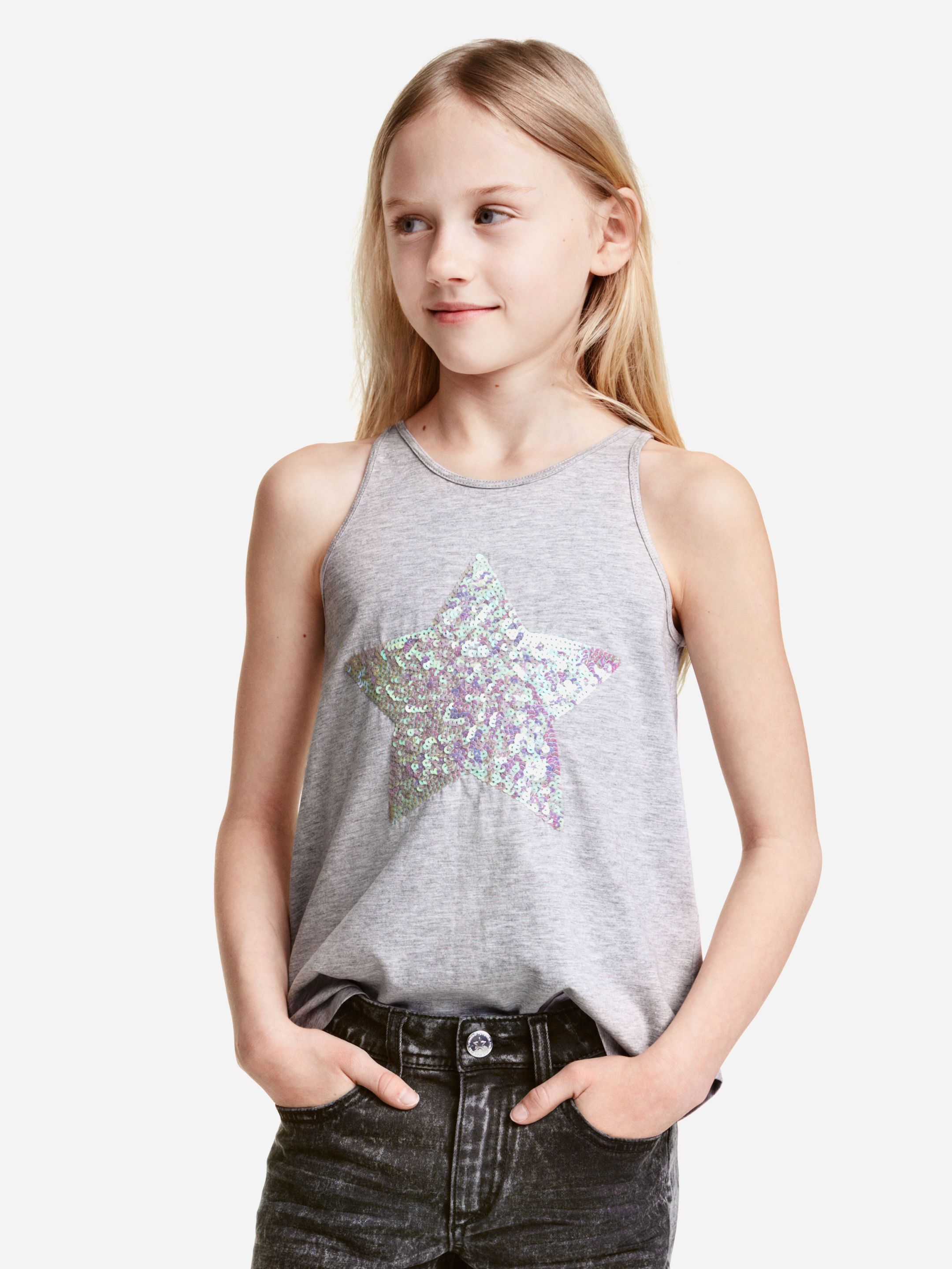 

Майка H&M 3924494-AAQS 134-140 см Серая с принтом