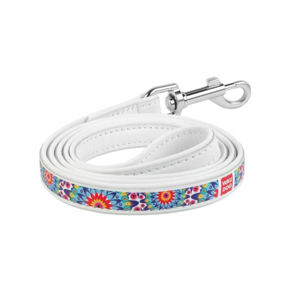 

Поводок для собак из натуральной кожи с рисунком Цветы Collar Waudog Printed 25 мм/122 см, белый