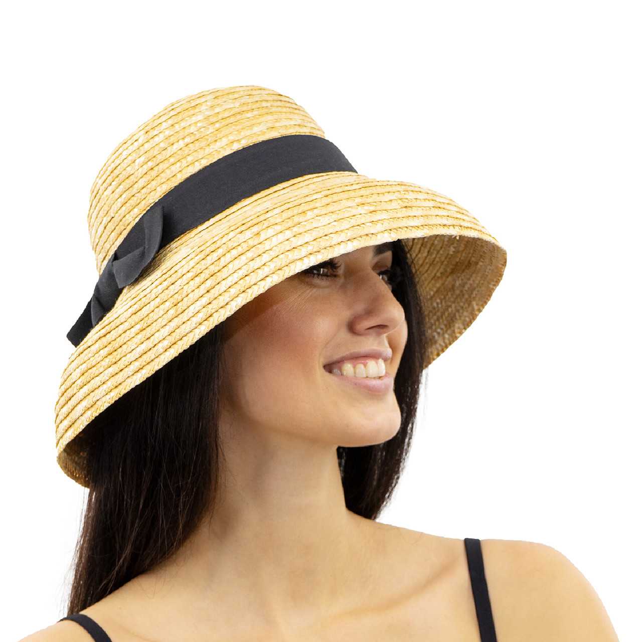 

Соломенная шляпа женская солнцезащитная с черной лентой с бантом цвет бежевый (соломенный) 56-58