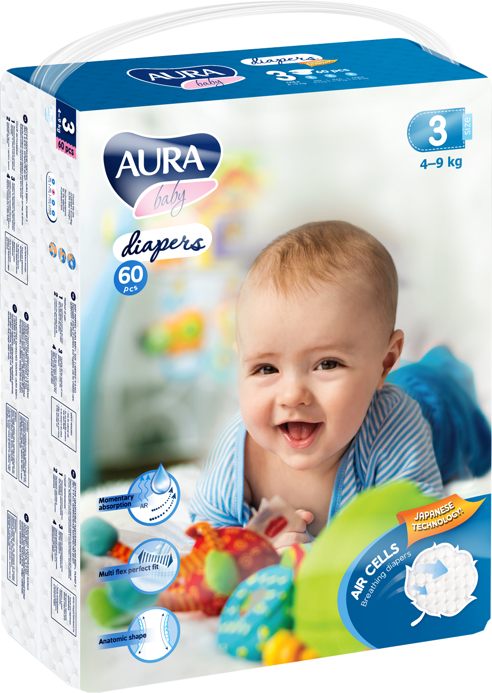 

Подгузники одноразовые для детей AURA baby 3/M 4-9 кг mega-pack 60 шт (4752171003286)
