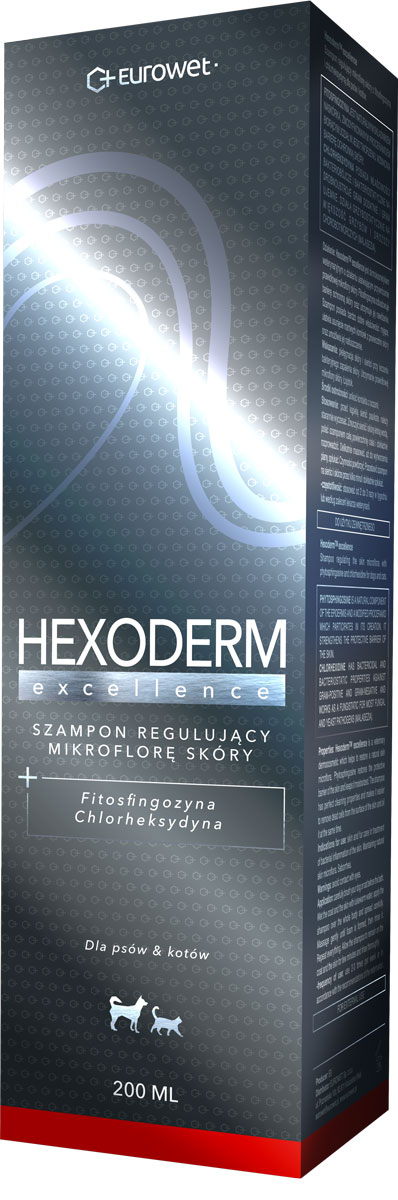 

Дерматологічний шампунь Eurowet Гексодерм Екселенс Hexoderm Excellence з фітосфінгозином та хлоргексидином для собак та котів 200 мл
