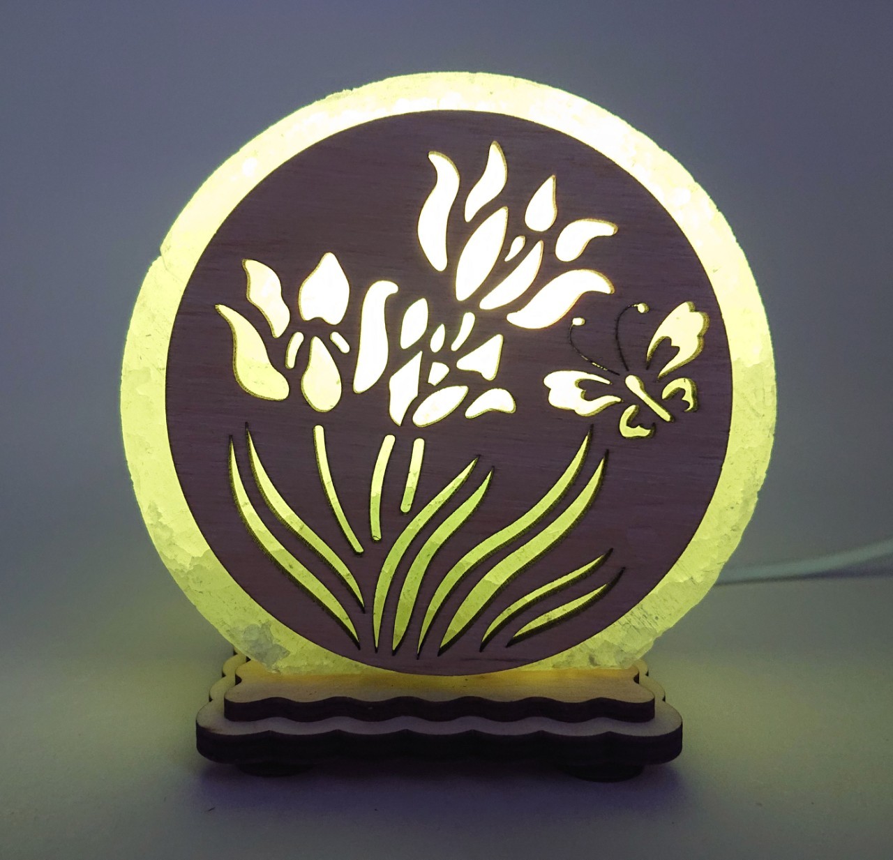 

Соляная лампа EcoDecorLamp круглый круглый маленький Цветы и бабочка зелёный