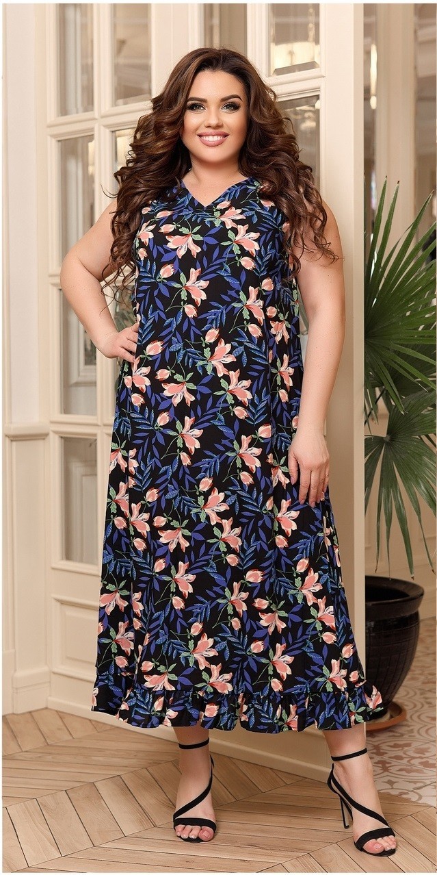 

Платье сарафан летнее миди спина вырез штапель принт Miss Podium Синий 56