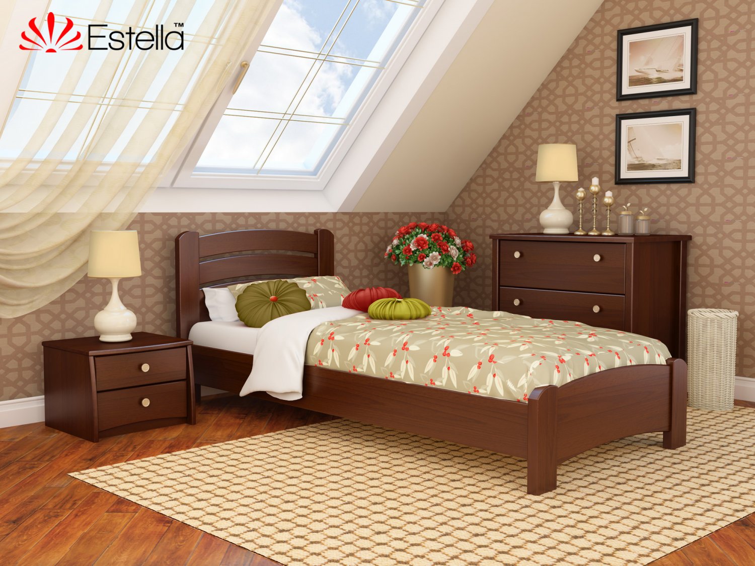 

Кровать односпальная Венеция Люкс Estella 90х190 108 - каштан Масив Л25