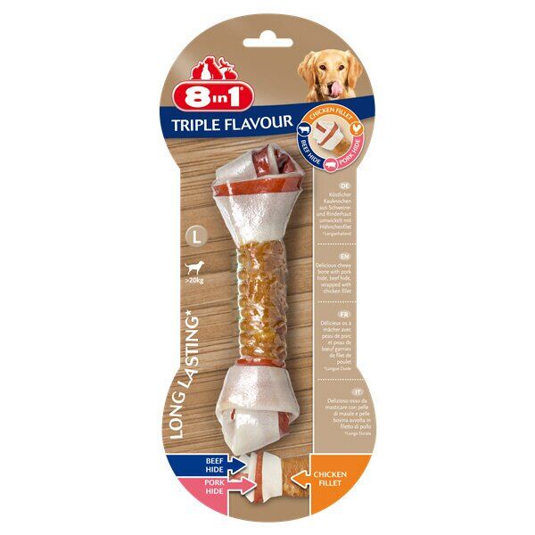 

Лакомство для собак 8in1 Triple Flavour Кость прессованная 21 см, 85 г (говядина и свинина)