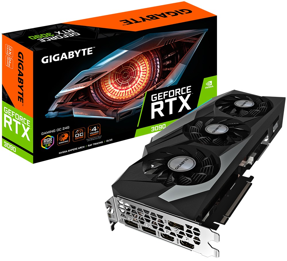 

Видеокарта Gigabyte, GeForce RTX 3090, GAMING OC, 24Gb GDDR6X, 384-bit, 2xHDMI/3xDP, 1755/19500 MHz, 2x8-pin (GV-N3090GAMING OC-24GD)