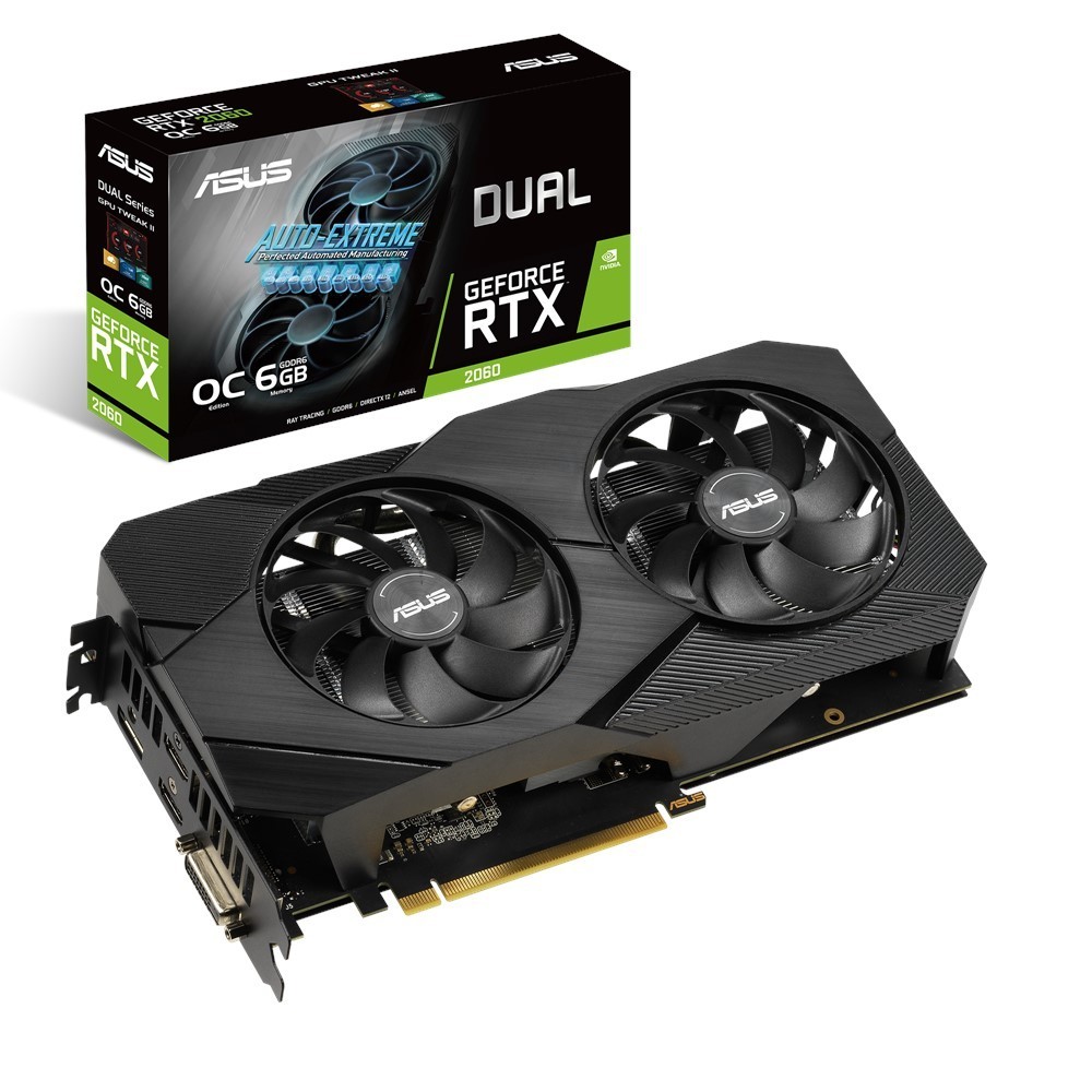 

Видеокарта Asus, GeForce RTX 2060, DUAL EVO OC, 6Gb GDDR6, 192-bit, DVI/2xHDMI/DP, 1785/14000 MHz, 8-pin (DUAL-RTX2060-O6G-EVO)