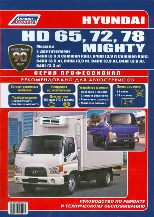 

Hyundai HD 65, 72, 78 / Mighty. Модели с двигателями D4DD (3,9 л Common Rail), D4GA (3,9 л Common Rail), D4DB (3,9 л), D4DA (3,9 л), D4DC (3,9 л), D4AF (3,6 л), D4AL (3,3 л). Руководство по ремонту и