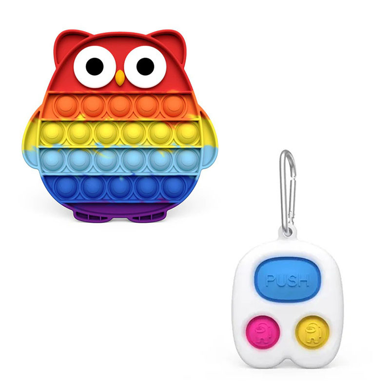 

Комплект антистресс игрушек пупырка попит фиджет Bouble Push Pop It сова+ Брелок Simple Dmple Амонг