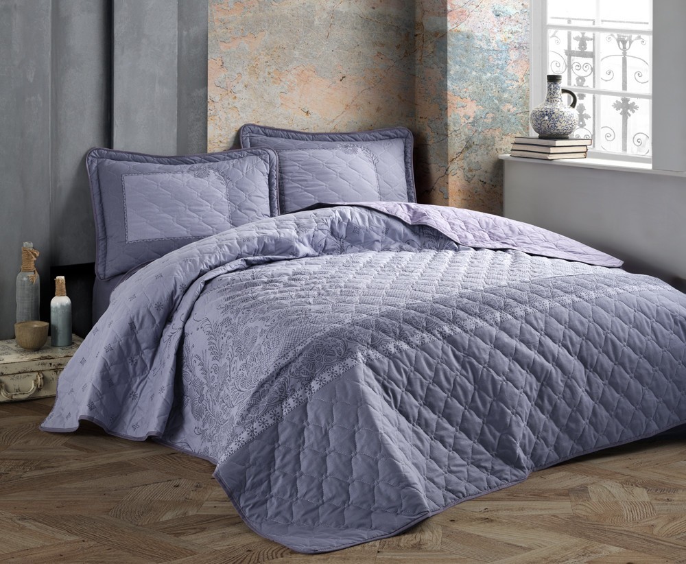 

Покрывало стеганное хлопковое с наволочками Aran Clasy 240x260 Risa V1 Серый