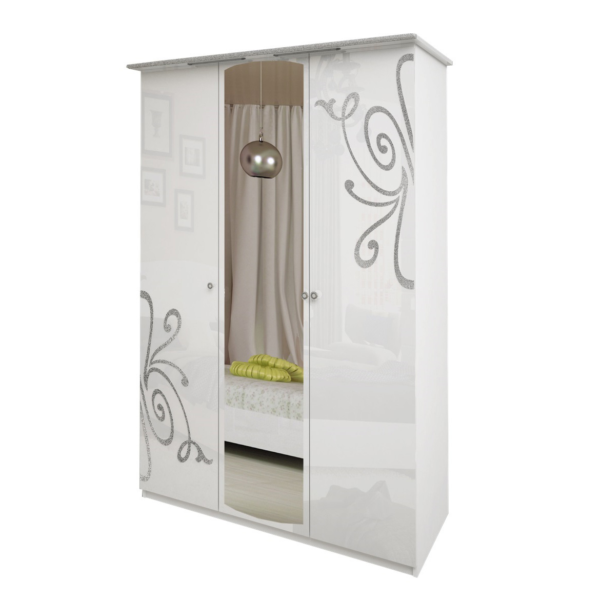 

Шкаф распашной с зеркалом в спальню, в прихожую из ЛДСП Богема 3Д BG-13-WB MiroMark белый глянец