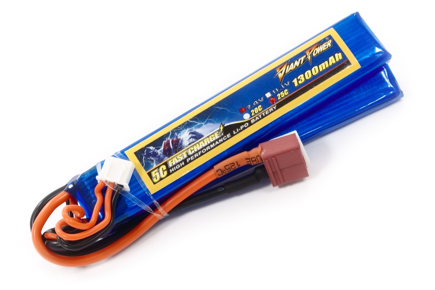 

Аккумулятор для страйкбола Giant Power (Dinogy) Li-Pol 7.4V 2S 1300mAh 25C 2 лепестка 7.5х20х103мм T-Plug