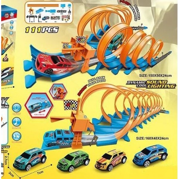 

Автотрек 111 деталей плюс 4 машинки 7х2 см (652М7-М8-М9)