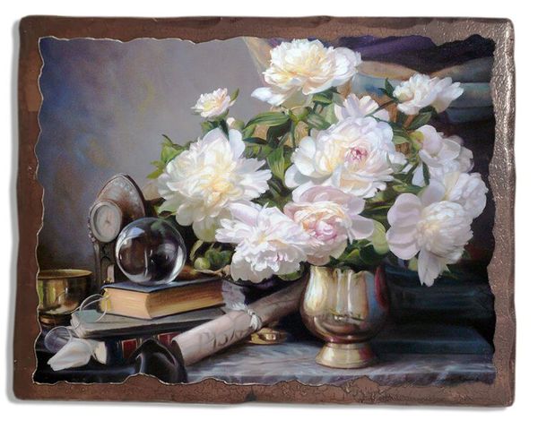 

Картина под старину на дереве Збигнев Копания "Пионы и часы", 60*80 см