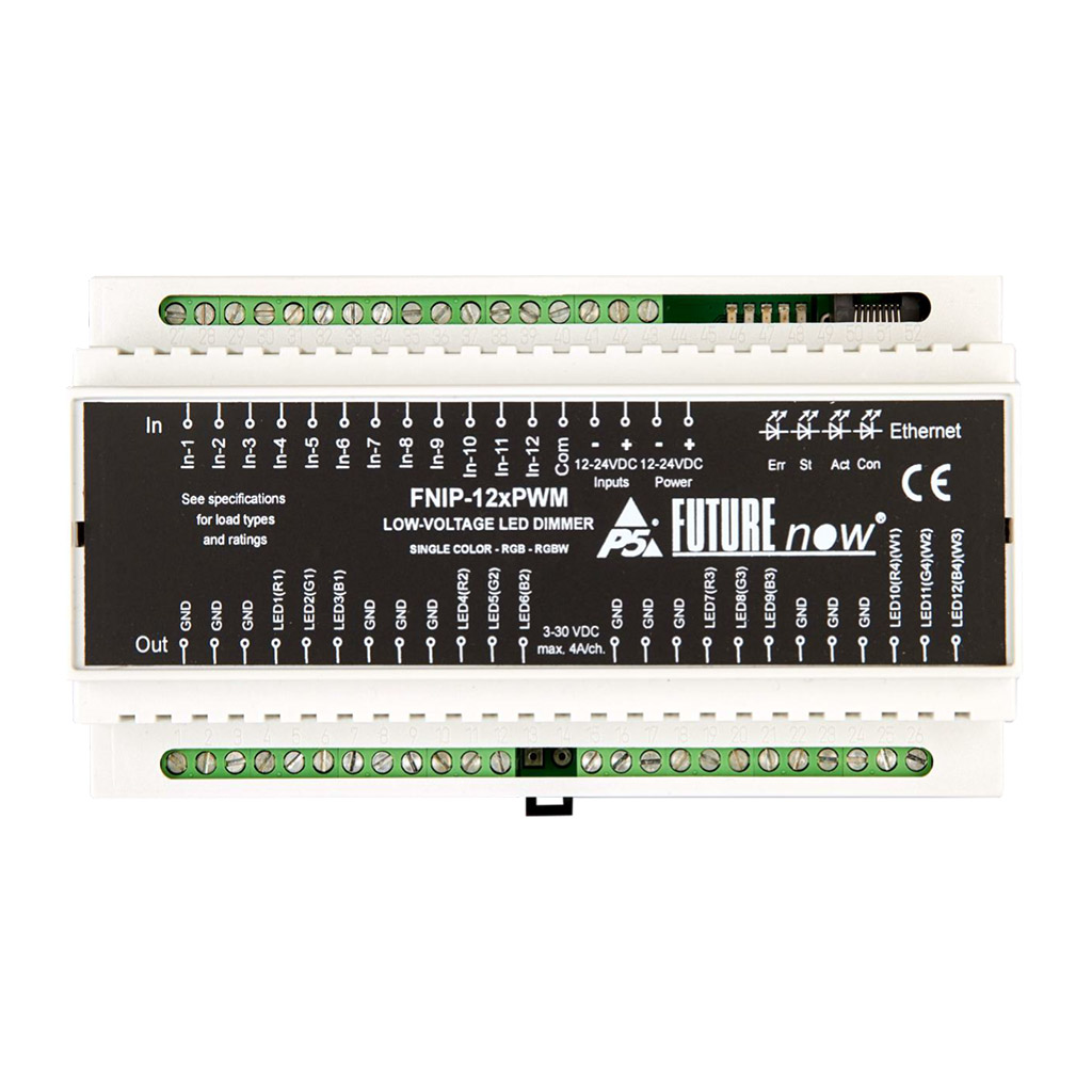 

Ethernet диммер FNIP-12xPWM: 12-канальный светодиодный диммер Ethernet для затемнения низковольтных (3–30В) одноцветных светодиодных лент или RGB/RGBW (art.239264)