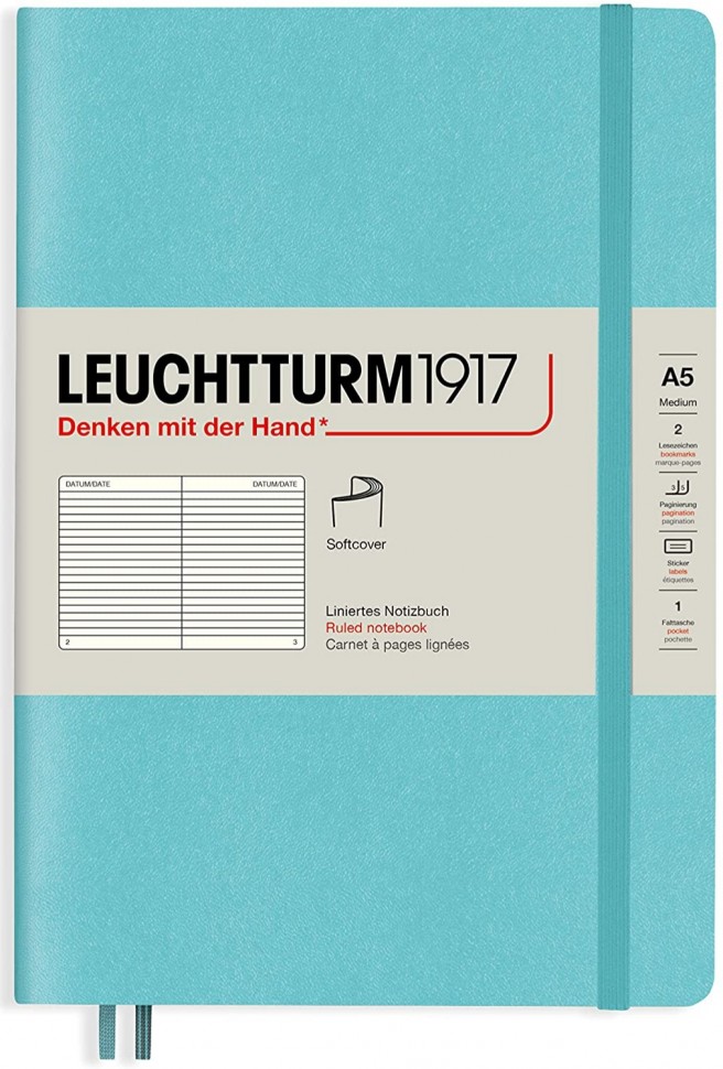 

Блокнот Leuhtturm1917 Rising Colours м'який середній 14,5 х 21 см в лінію Aquamarine