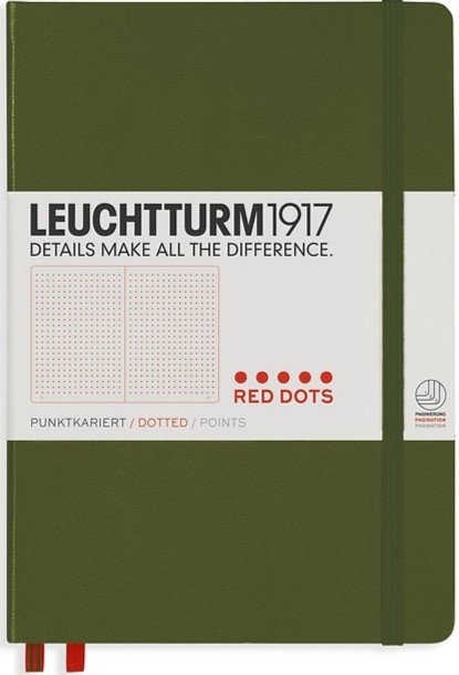 

Блокнот Leuchtturm1917 Red Dots edition середній 14,5 х 21 см в крапку хакі