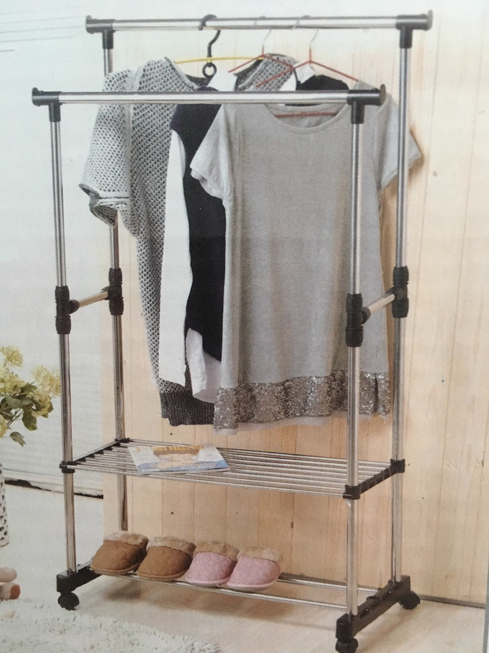 

Телескопическая стойка вешалка для одежды с двумя полками для обуви 80/38/160 см