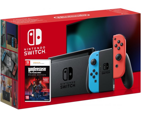 

Nintendo Switch Neon Blue-Red (Upgraded version) + Игра Wolfenstein: Youngblood Deluxe Edition (ваучер на скачивание) (русская версия)