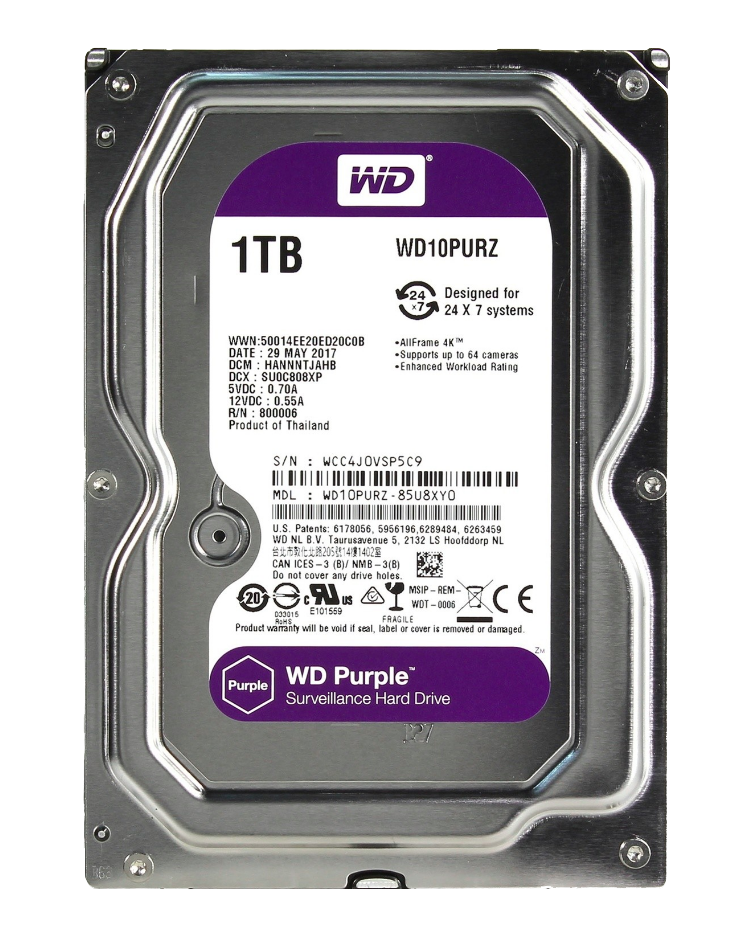 

Жесткий диск 3.5" 1Tb Western Digital Purple, SATA3, 64Mb, 5400 rpm (WD10PURZ)