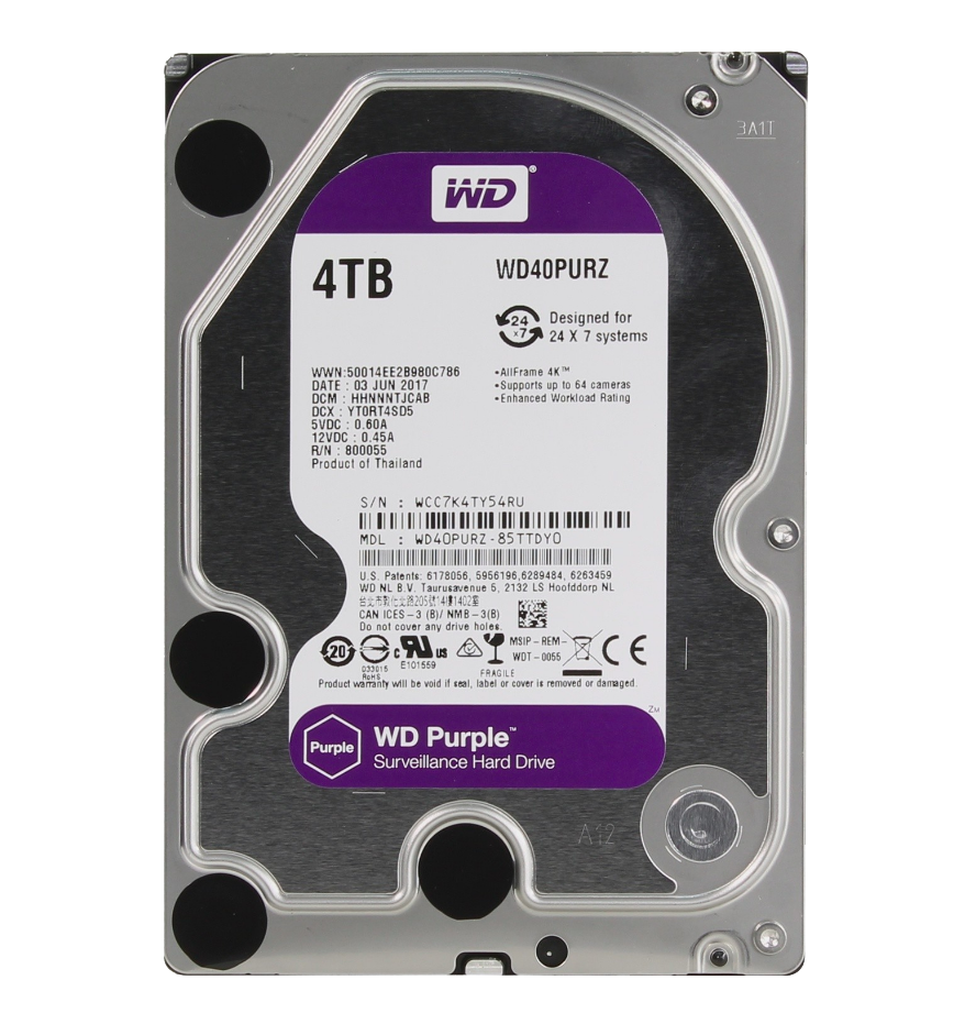 

Жесткий диск 3.5" 4Tb Western Digital Purple, SATA3, 64Mb, 5400 rpm (WD40PURZ)