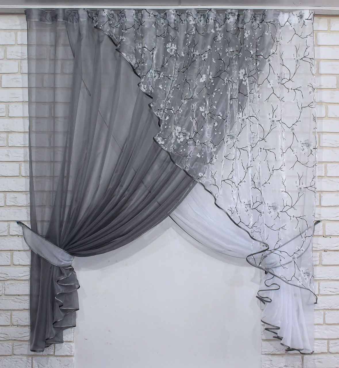 

Кухонный комплект штор VR-Textil Сакура с подвязками, серый с белым, 1,7 × 3 м (2287)
