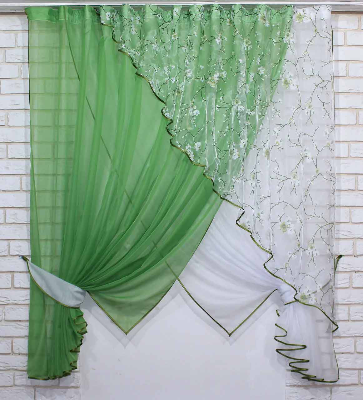 

Кухонный комплект штор VR-Textil с подвязками, салатовый с белым, 1,7 × 3 м (2286)