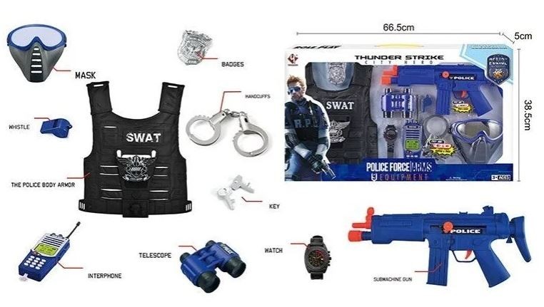 

Полицейский набор игровой P 013 B трещотка, маска, жилет, наручники, бинокль