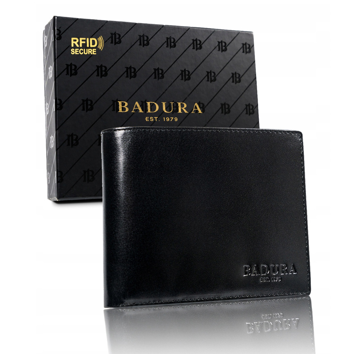 

Мужское кожаное портмоне без кнопки с RFID черное Badura B-262-BSVT
