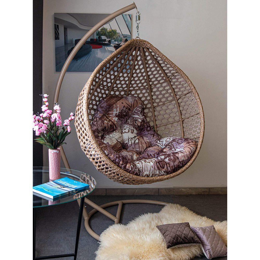 

Подвесное кресло кокон Колибри искусственный ротанг/металл бежевый, цвет подушки коричневый с принтом Украинские конструкции
