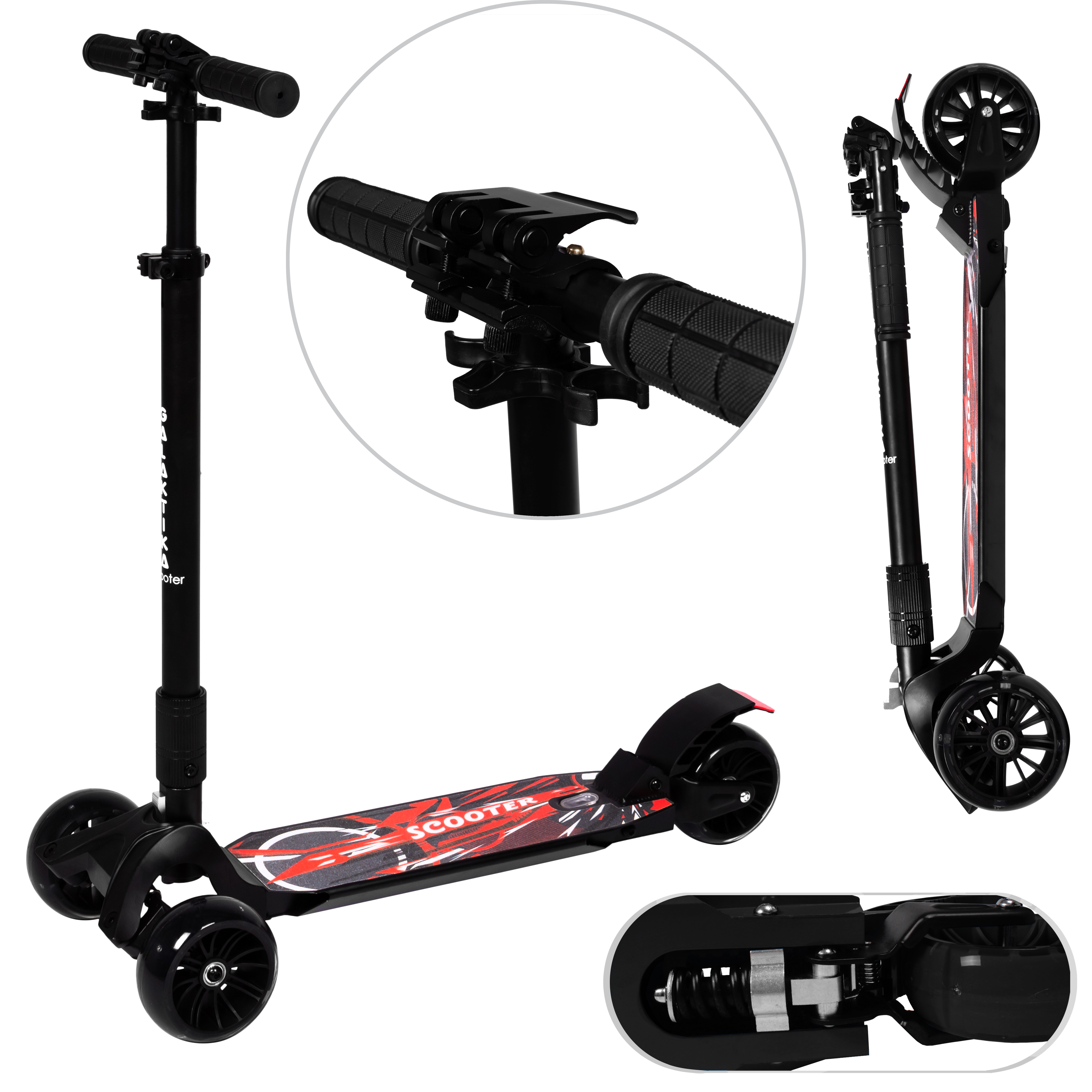

Самокат Tilly GS-0024 Красный/Черный 3-х колесный, алюминиевый с задним амортизатором и резиновыми ручками