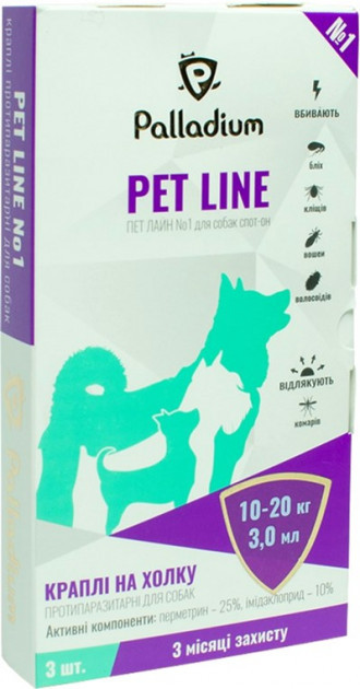 

Капли на холку Palladium Pet Line №1 от паразитов для собак весом от 10 до 20 кг 3 мл 3 шт (4820150202262)