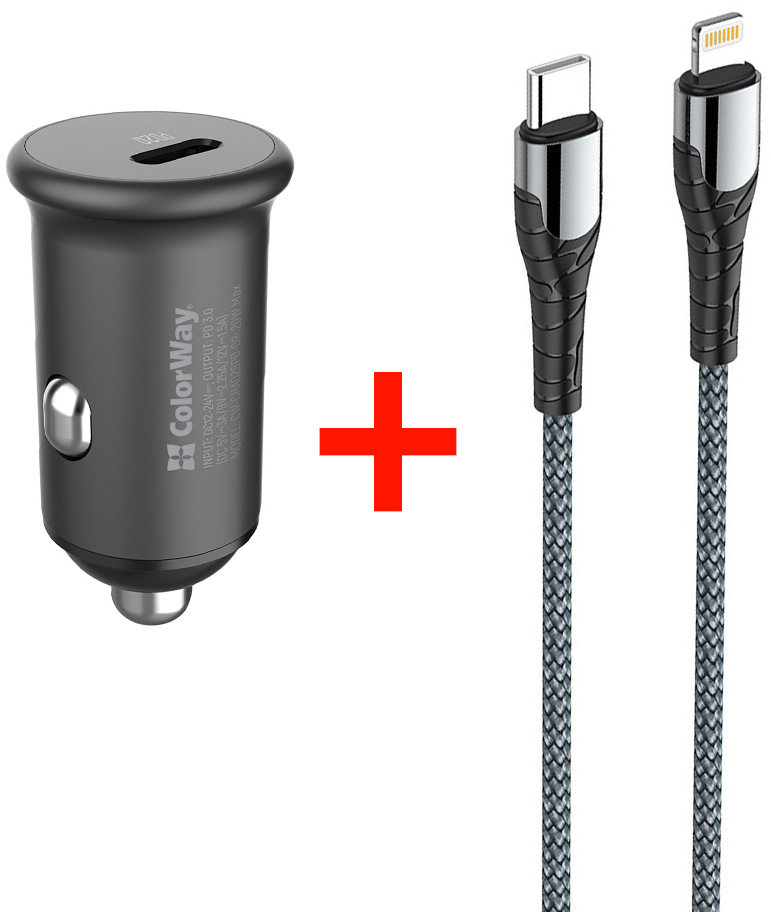 

Автомобильное зарядное устройство ColorWay 1USB Power Delivery Port USB Type-C (20W) + Кабель Type-C-Apple Lightning 3.0А (30W) 1 м (CW-CHA028PD-GR/CBPDCL033-GR)