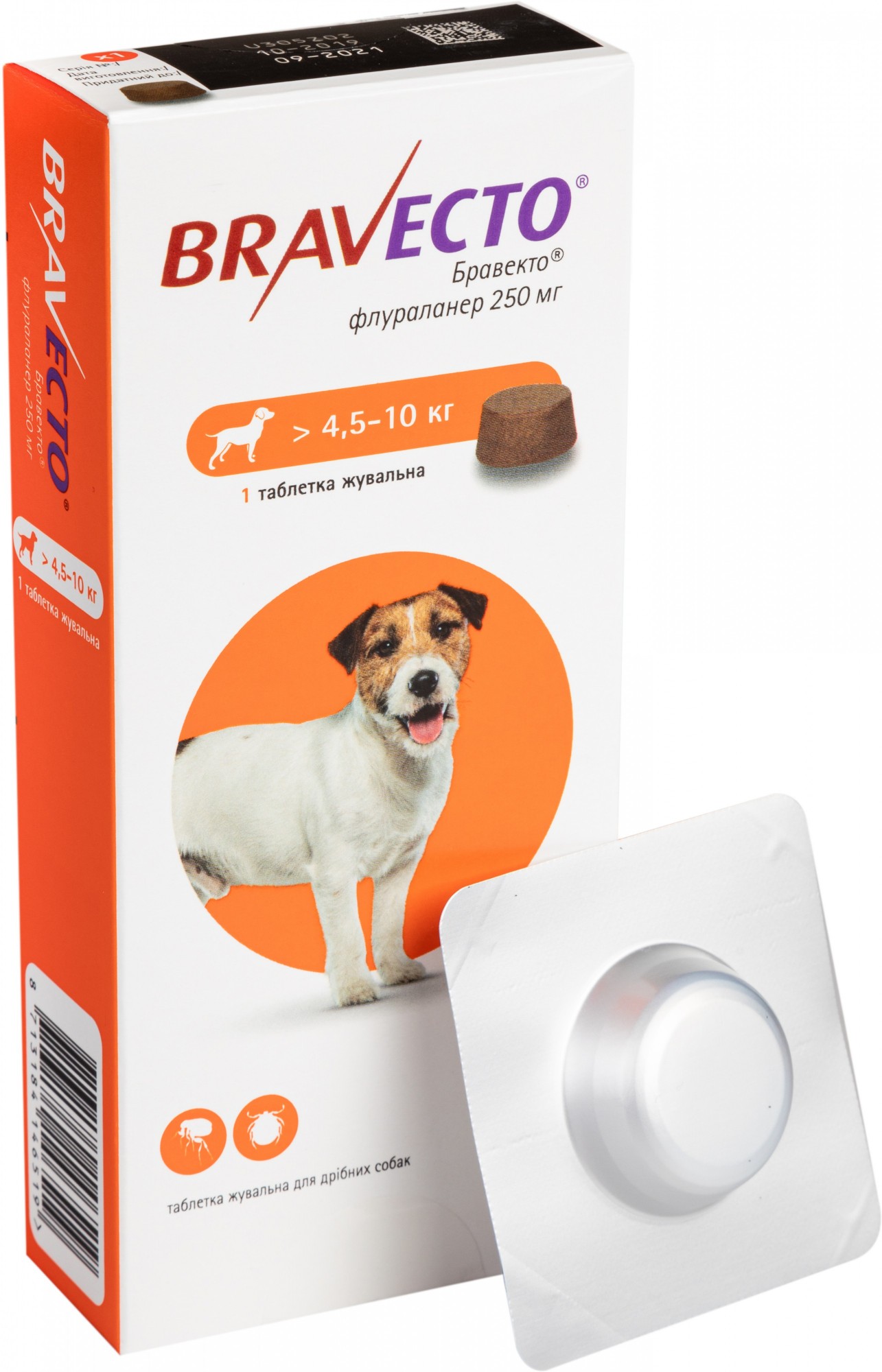

Жевательная таблетка Bravecto (Бравекто) от блох и клещей для собак 4.5-10 кг (8713184146519)