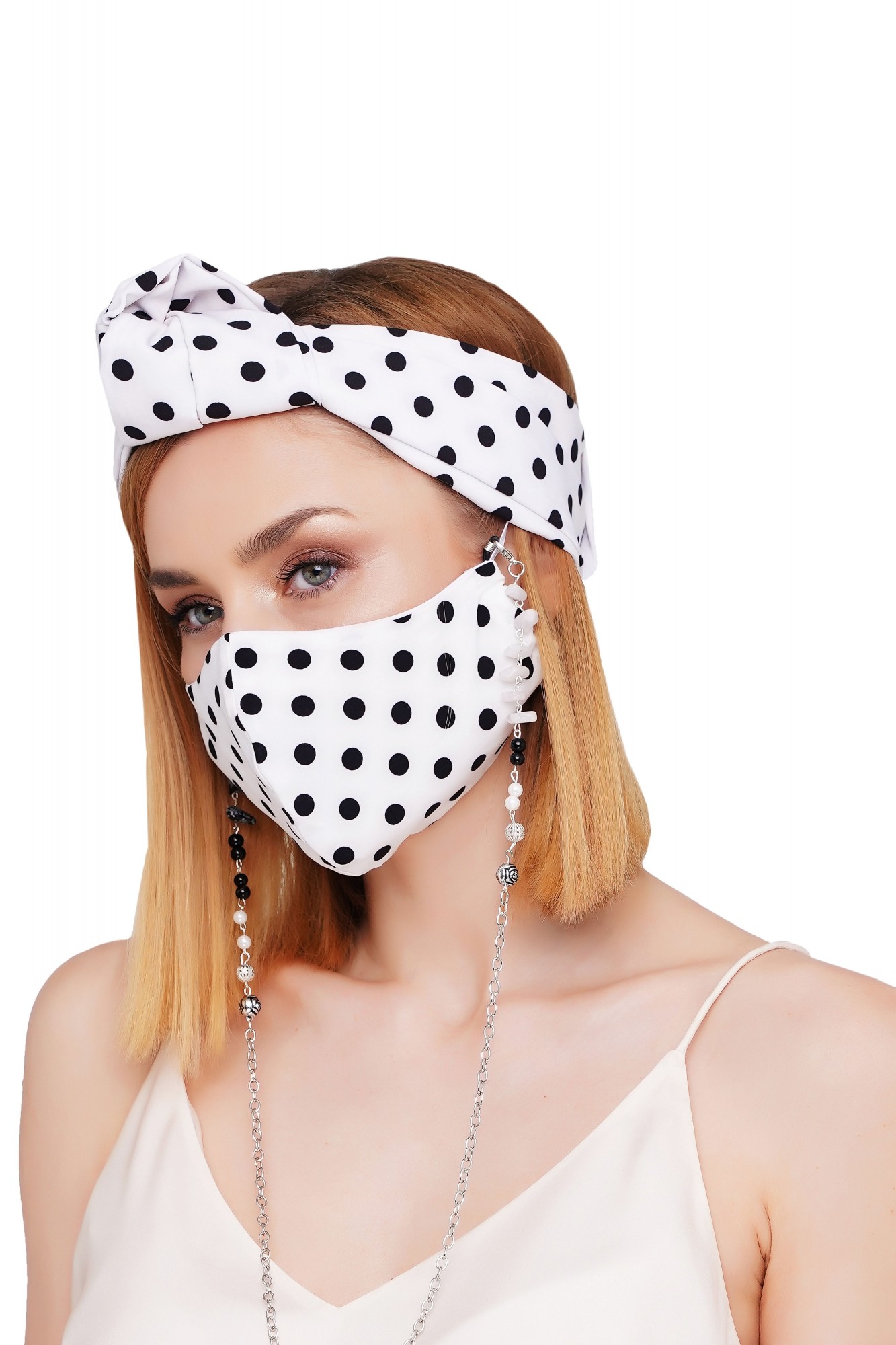 

Летний набор тюрбан +маска +цепочка для маски и очков MyScarf  белый в черный горох, Летний набор тюрбан +маска +цепочка для маски и очков MyScarf one size белый в черный горох