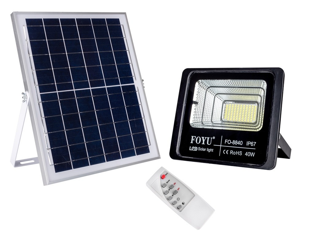 

Прожектор FOYU 40W фонарь на солнечной батарее светильник с пультом управления мощность 40 Вт свечение 14 часов