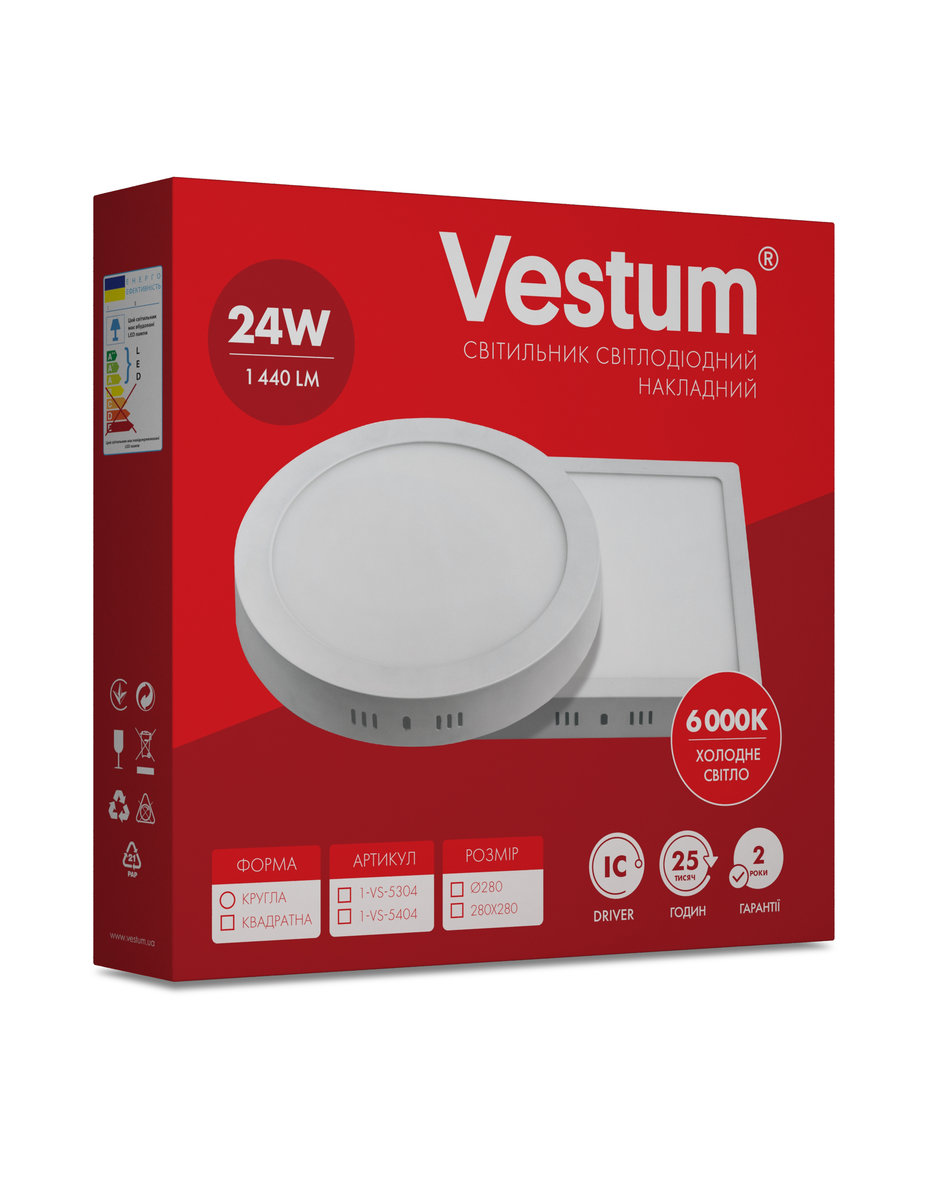 

Квадратный светодиодный накладной светильник Vestum 24W 6000K 220V 1-VS-5404
