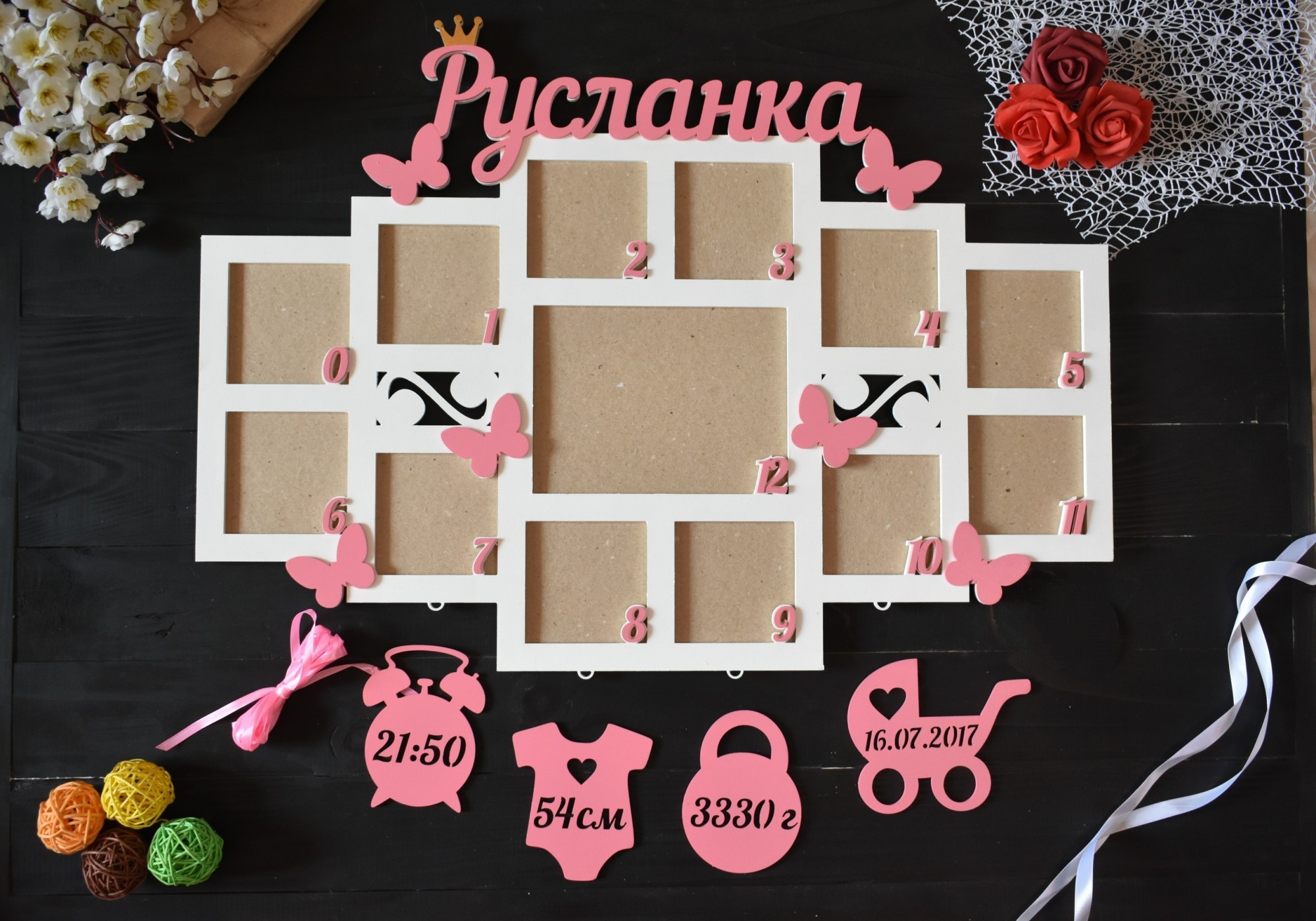 

Детская фоторамка метрика из дерева на первый год "Руслана" под заказ (Год0042)
