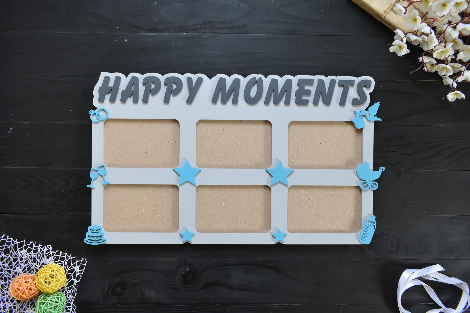 

Деревянная рамка для фотографий "Happy moments" на 6 фото под заказ (Мульт0114)