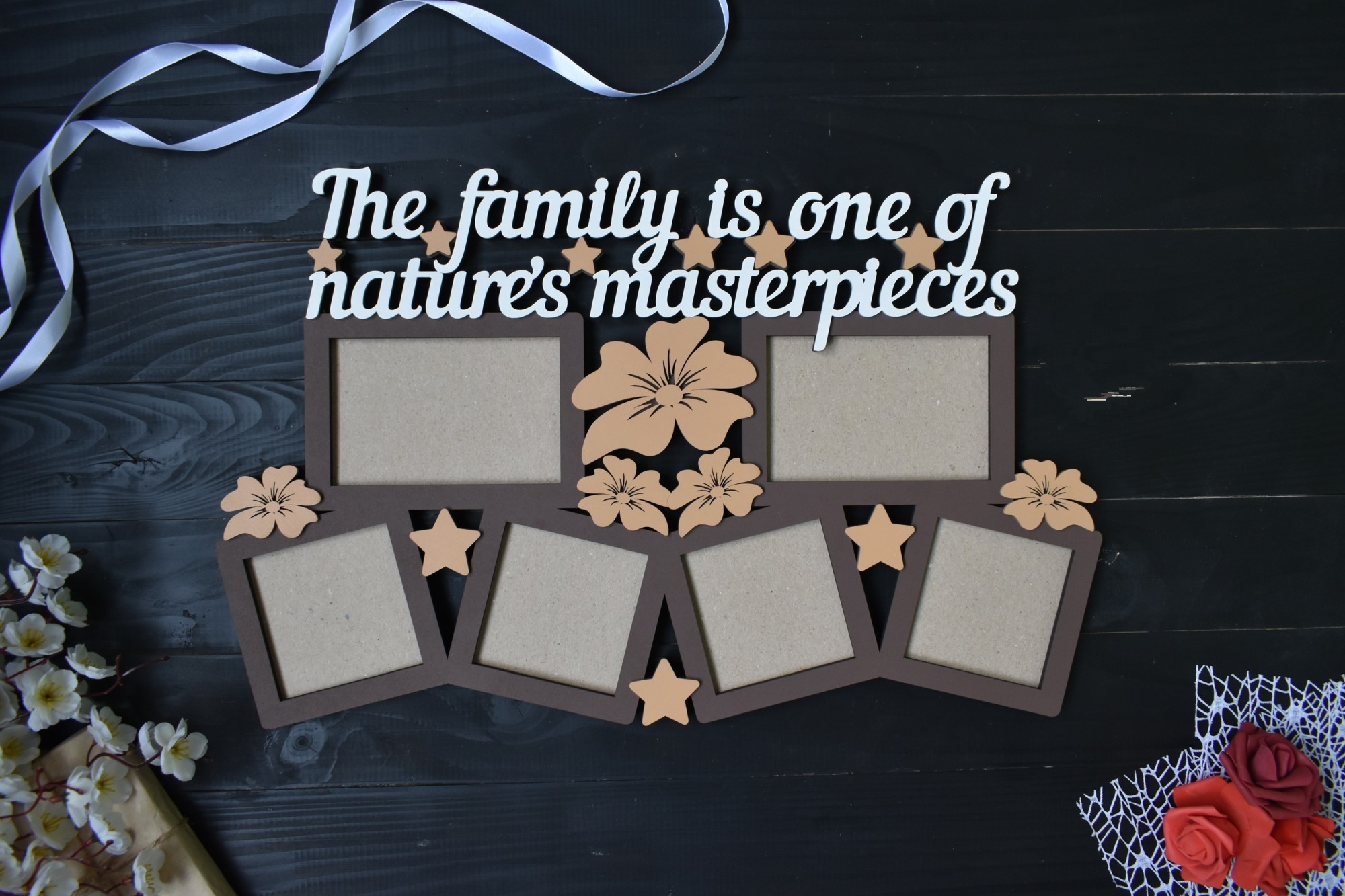 

Деревянная семейная фоторамка "The family is" на 6 фото с цветочками под заказ (Мульт0104)