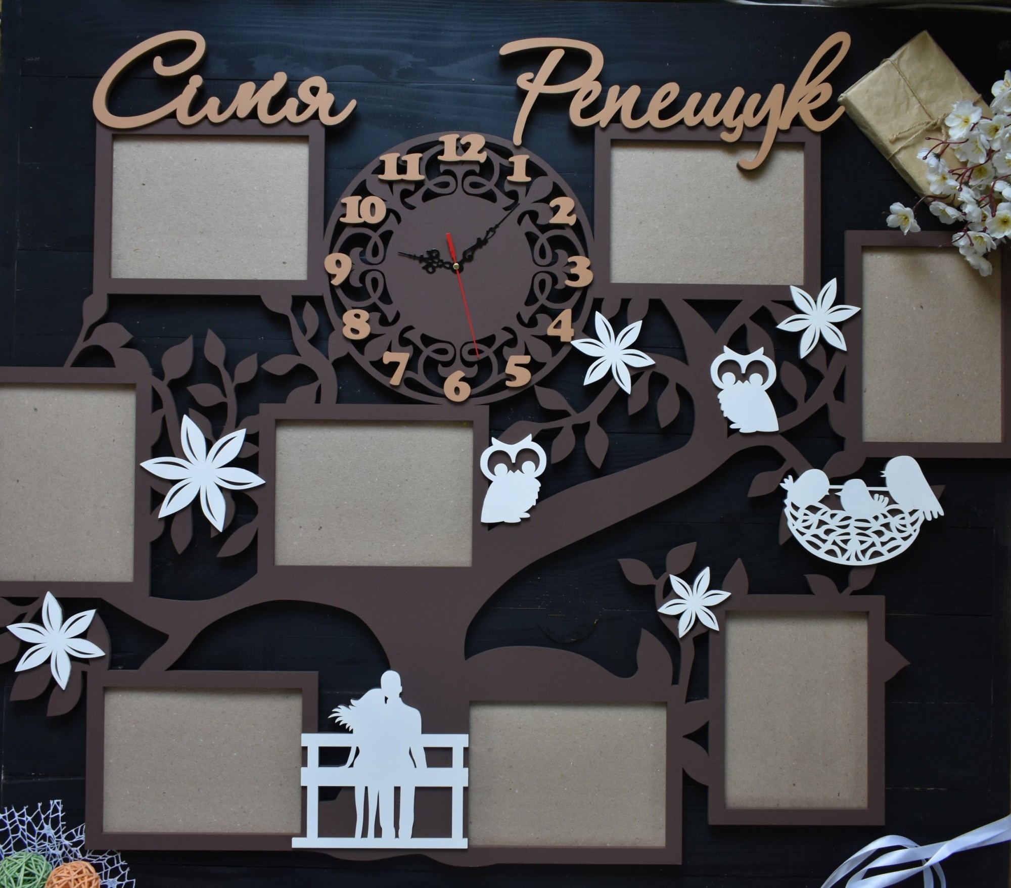 

Огромная семейная фоторамка с фамилией и часами на 8 фото 15х20 см под заказ (Мульт0294)