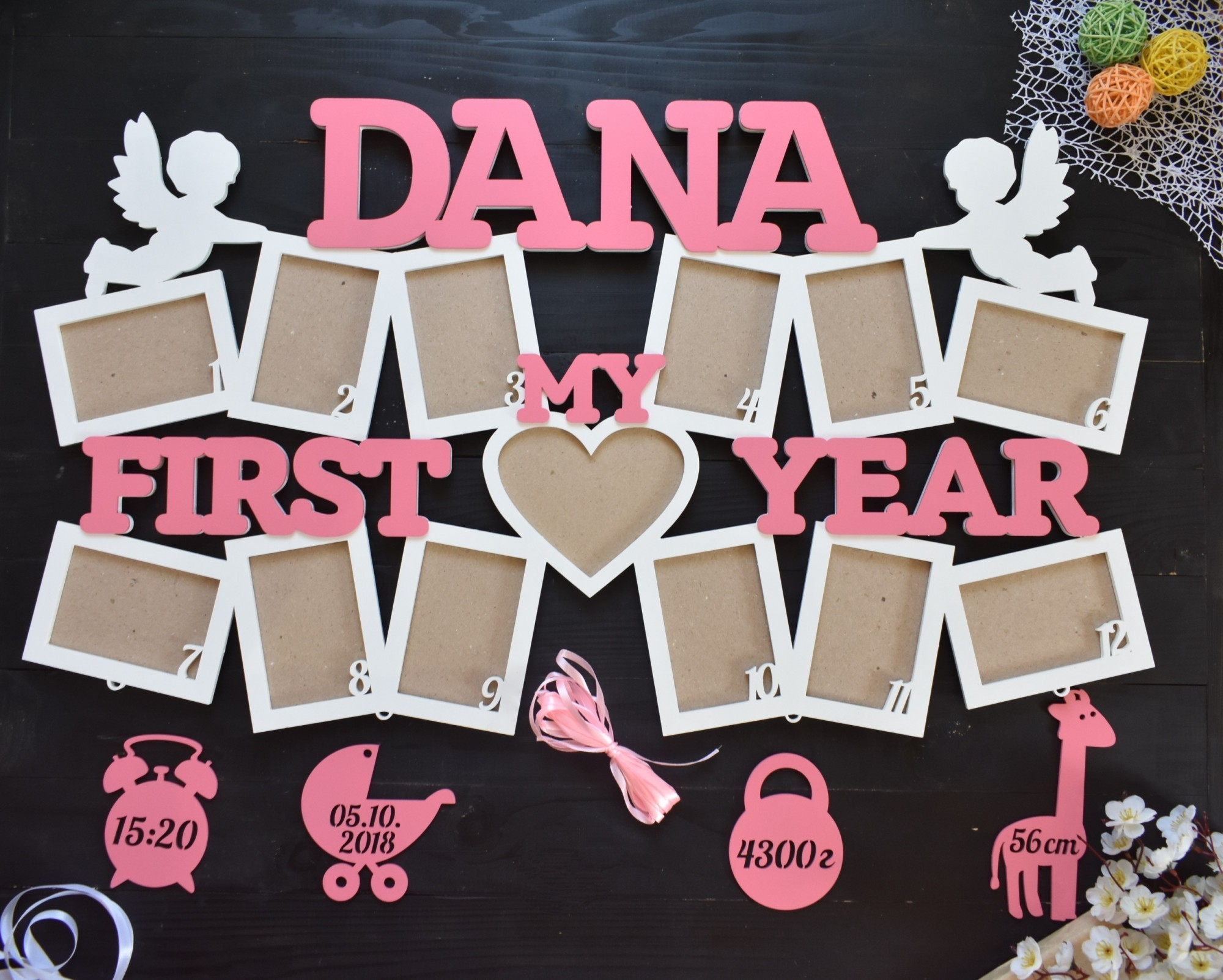 

Детская фоторамка метрика из дерева на первый годик "My first year" под заказ (Год0085)