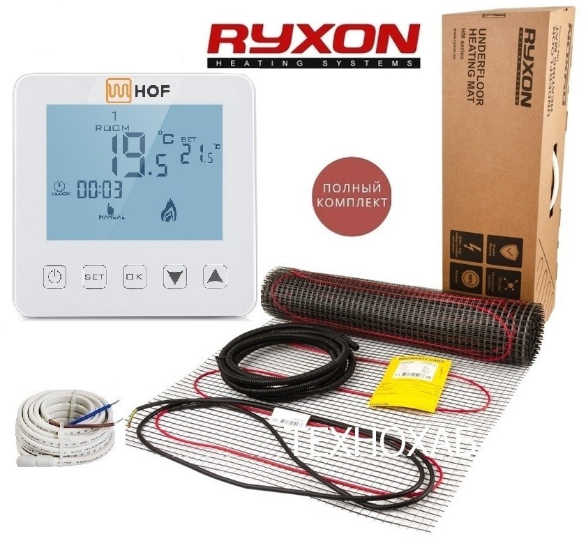 

Теплый пол RYXON HM/1,5м² /300Ват/ 200Вт/м² двухжильный нагревательный мат с сенсорным программируемым терморегулятором HOF sen