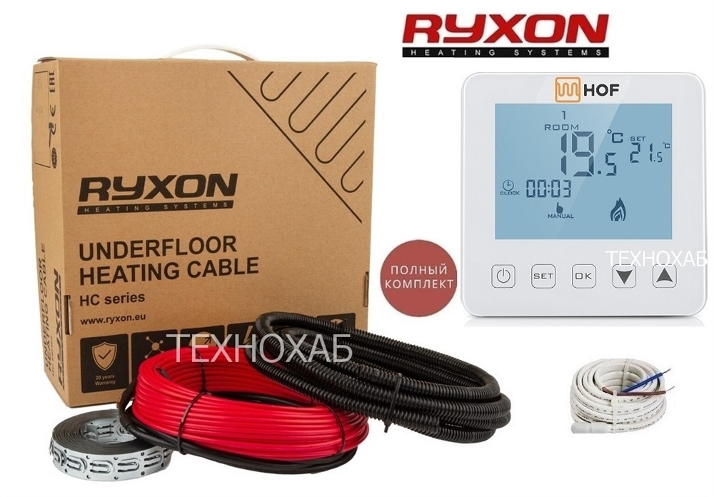 

Теплый пол Ryxon 12м²-15м²/2400Вт (120м) двухжильный нагревательный кабель HC-20Вт/м с сенсорным программируемым терморегулятором HOF sen