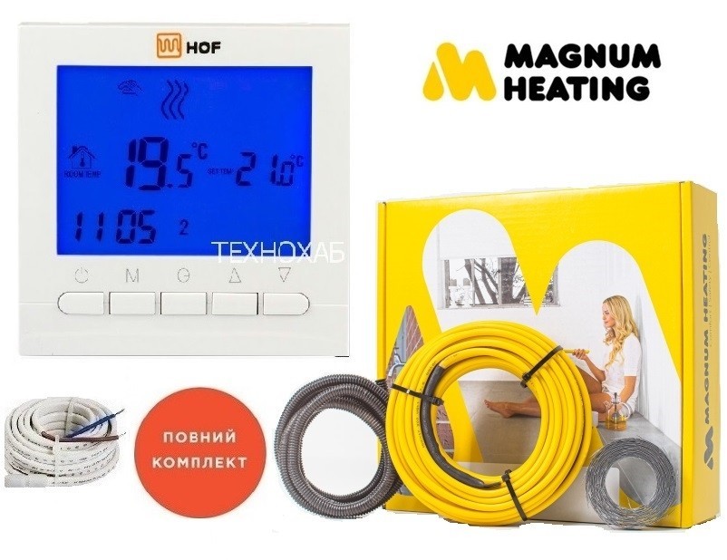 

Теплый пол Magnum 12,4м²-15,4м²/2100Вт (123,5м) двухжильный нагревательный кабель 17Вт/м с программируемым терморегулятором HOF pro