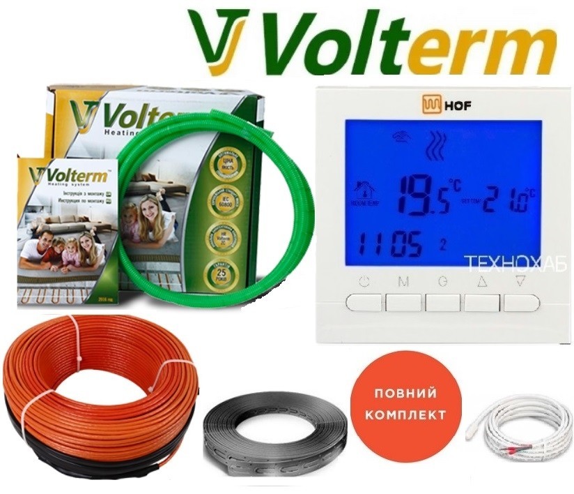 

Теплый пол Volterm 11,5м²-14,4м²/2050Вт (115м) тонкий греющий кабель под плитку HR 18Вт/м с программируемым терморегулятором HOF pro