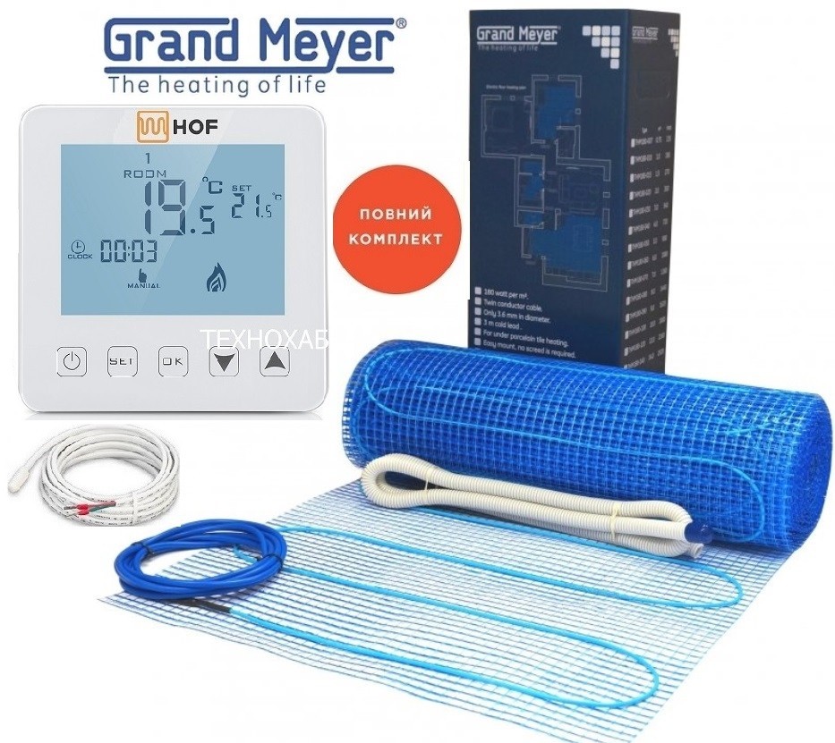

Теплый пол Grand Meyer THM180-10,0м²/1800Вт 180Вт/м² двухжильный нагревательный мат под плитку с сенсорным программируемым терморегулятором HOF sen