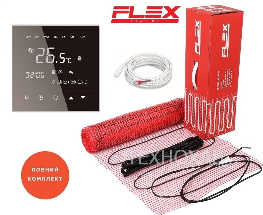 

Электрический теплый пол Flex EHM 11,0м²/1925Вт/ 175Вт/м² тонкий нагревательный мат под плитку с сенсорным программируемым терморегулятором WarmLife черного цвета