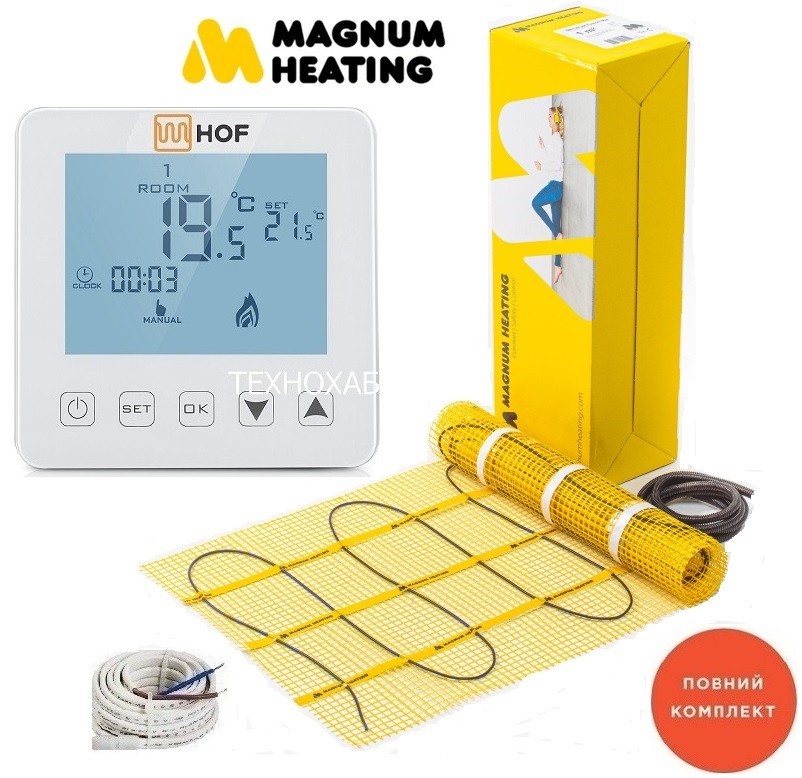 

Теплый пол Magnum 8,0м²/ 1200Ват/ 150Вт/м² электрический греющий мат под плитку с сенсорным программируемым терморегулятором HOF sen