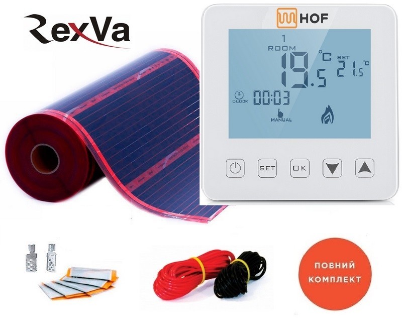 

Пленочный теплый пол RexVa PTC-220Вт/м² 2,0м² (0.5м х 4м)/ 440Вт под ламинат с сенсорным программируемым терморегулятором HOF sen
